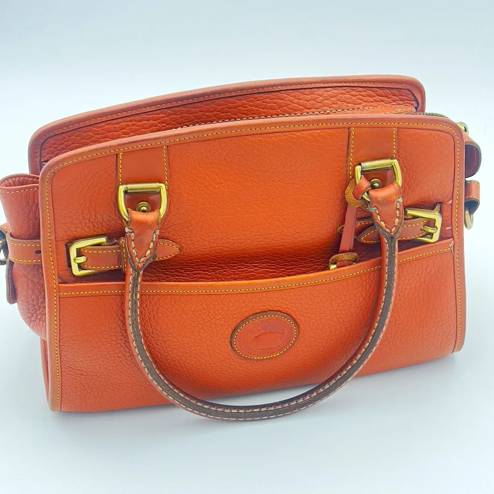 Dooney & Bourke Brown Pebbled Satchel Top Handle Bag Gold Hardware Zip Strap